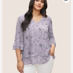 BloomChic Plus Size Daffodils Print Tiered Ruffle Sleeve Mesh Blouse